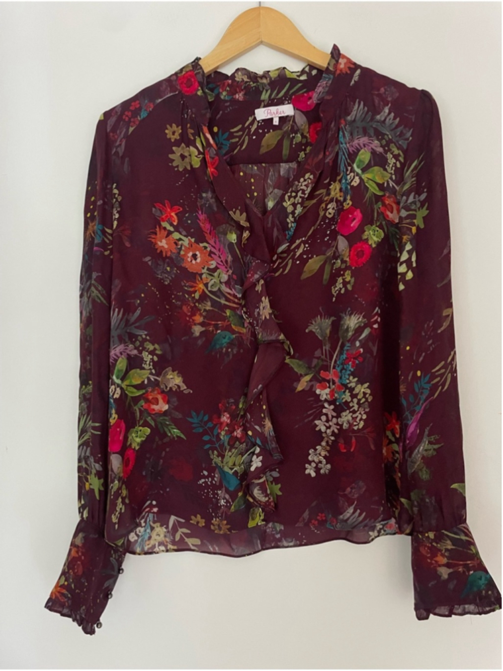 Parker silk blend Floral Burgundy Ruffle V-Neck Blouse top - Picture 3 of 10